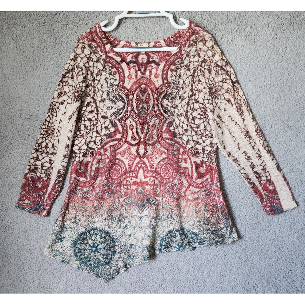 Reba Top‎ Women XL Red Multi Paisley Rhinestone Asymmetrical Hem Long Sleeve